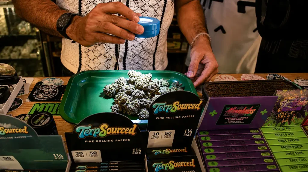 Dispensary buyer inspecting THCA flower quality based on trichomes, aroma, and lab results