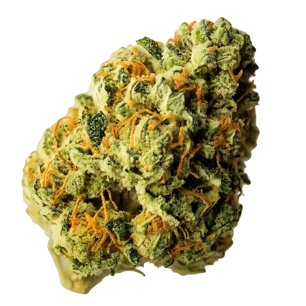 PCG strain with frosty purple-green buds, loud gas aroma, sweet candy notes, and dense trichome coverage.