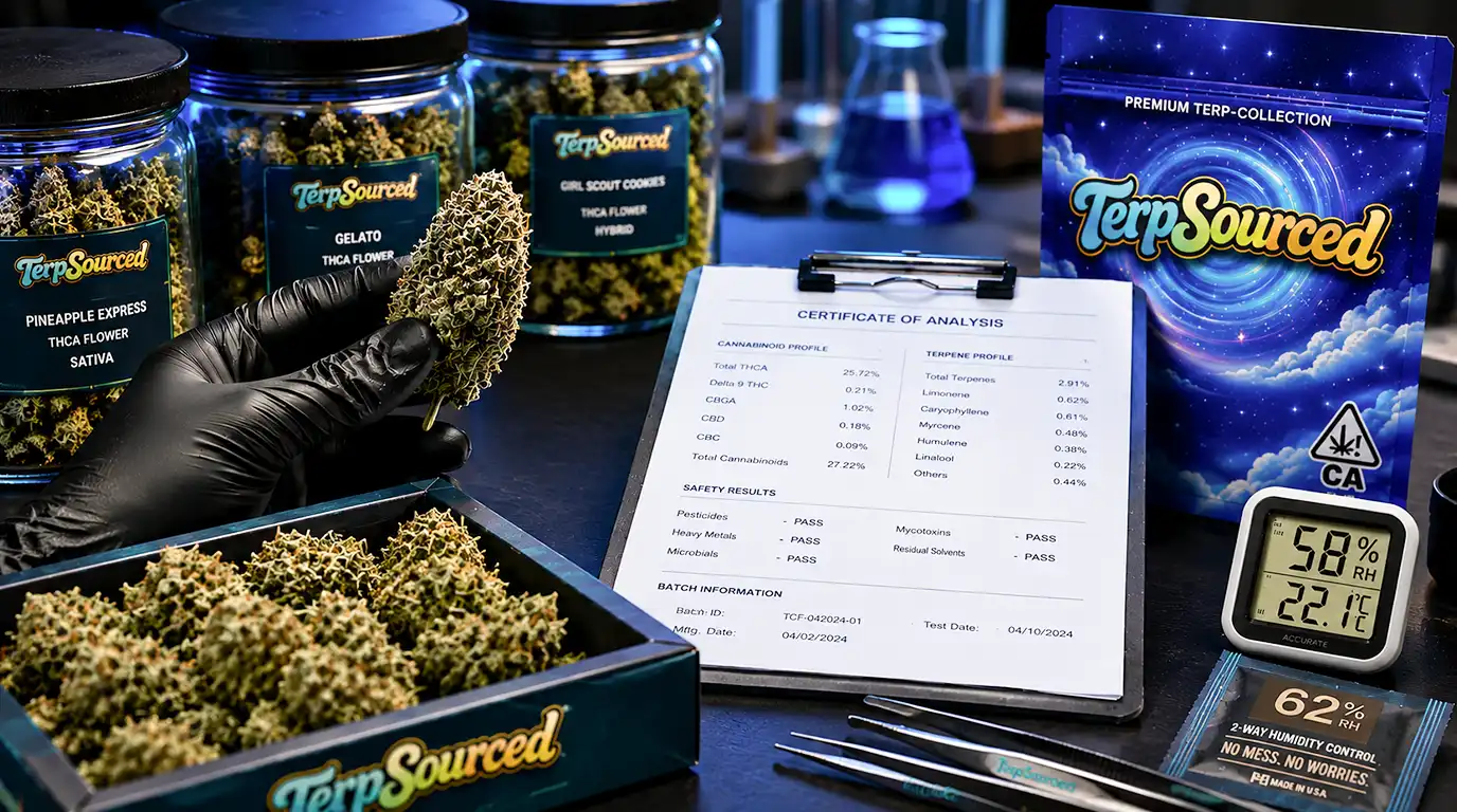 Dispensary-grade THCA flower with frosty trichomes and dense buds for retail buyers