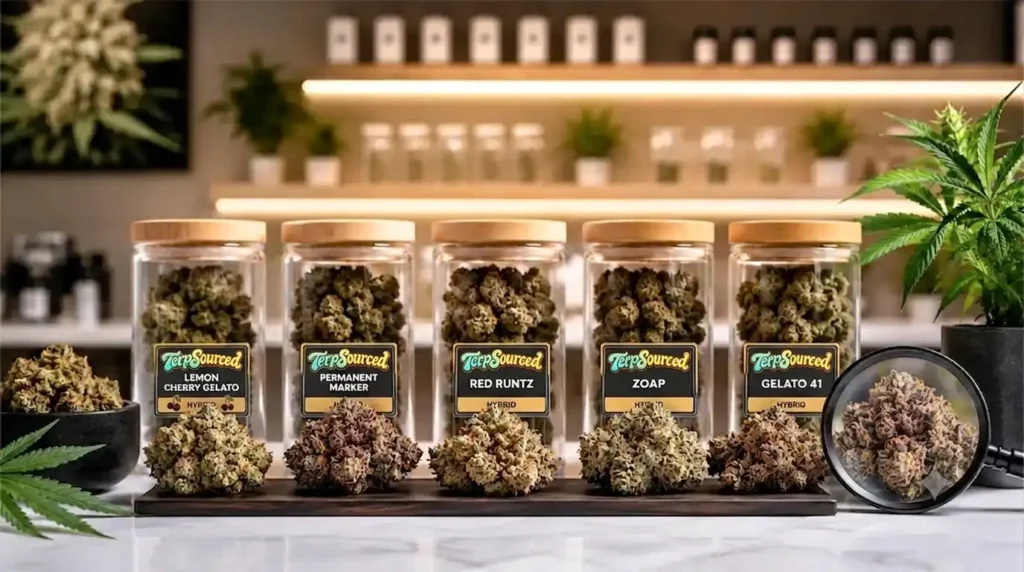Dispensary grade THCA flower strains displayed on retail shelves with premium exotic buds in sealed jars